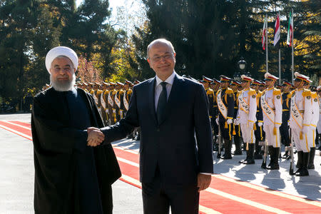 Iraq's President Barham Salih is welcomed by Iran's President Hassan Rouhani during his visit in Tehran, Iran, November 17, 2018. Official President website/Handout via REUTERS