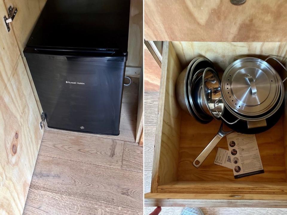 Necessary cooking tools and a mini fridge were located in draws under the kitchen counter.