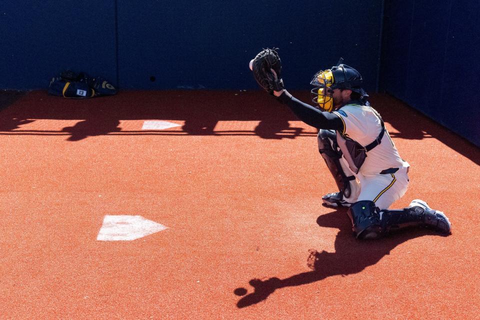 Eric Haase is the third catcher on the Brewers' depth chart but is pushing for a spot on the roster.