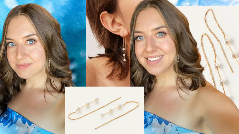 earrings, collage of brunette woman with blue eyes in blue floral dress wearing jenny bird gold and pearl earring threaders, Sylvie Ear Threaders
