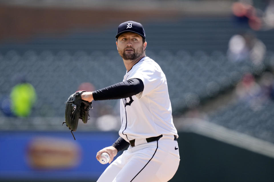 Detroit Tigers pitcher Casey Mize throws during the second inning of a baseball game against the Texas Rangers, Tuesday, April 16, 2024, in Detroit. (AP Photo/Carlos Osorio)