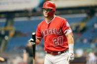 Jul 31, 2018; St. Petersburg, FL, USA; Los Angeles Angels center fielder Mike Trout (27) reacts after striking out during the first inning against the Tampa Bay Rays at Tropicana Field. Kim Klement-USA TODAY Sports