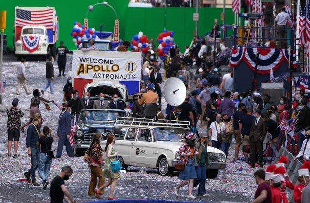 Cast and crew on set on St Vincent Street in Glasgow city centre during filming for what is thought to be the new Indiana Jones 5 movie starring Harrison Ford 