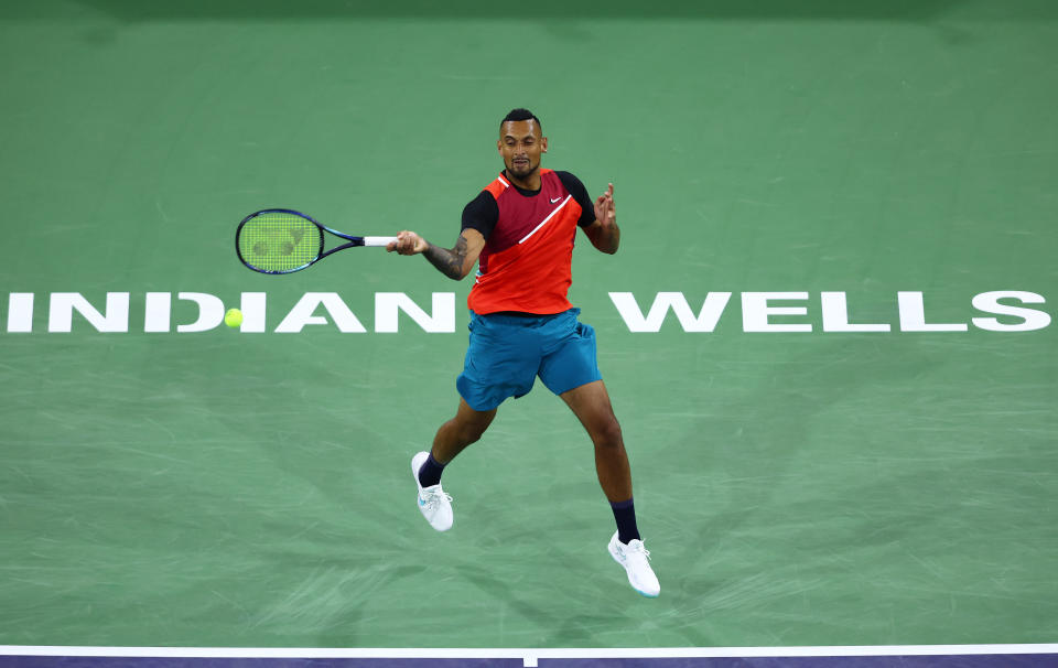 Nick Kyrgios, pictured here in action against Sebastian Baez at Indian Wells.