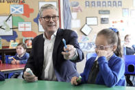 Labour Party leader Keir Starmer holds a toothbrush during his visit to Whale Hill Primary School whilst on the General Election campaign trail, in Eston, Middlesbrough, England, Tuesday, June 11, 2024. (Stefan Rousseau/PA via AP)