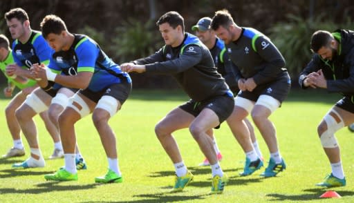 Ireland's rugby union player Johnny Sexton (C) and tammates stretch during a training session in Melbourne, on June 14, 2018, ahead of their second Test match against Australia