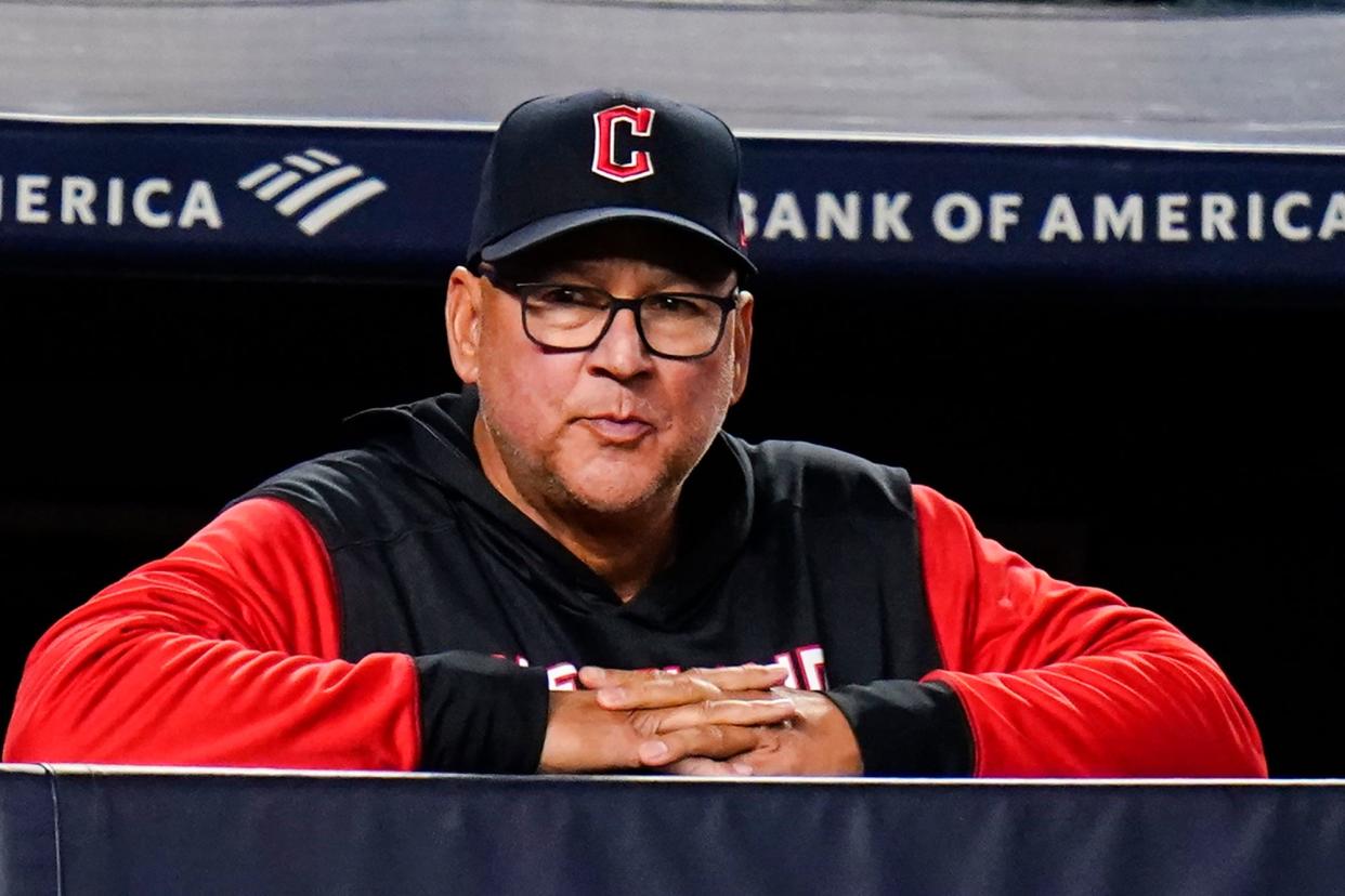 Cleveland Guardians manager Terry Francona looks on during the seventh inning of a baseball game against the New York Yankees, Friday, April 22, 2022, in New York. (AP Photo/Frank Franklin II)