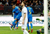 Soccer Football - International Friendly - Russia vs Brazil - Luzhniki Stadium, Moscow, Russia - March 23, 2018 Brazil’s Miranda celebrates with team mates after scoring their first goal REUTERS/Sergei Karpukhin