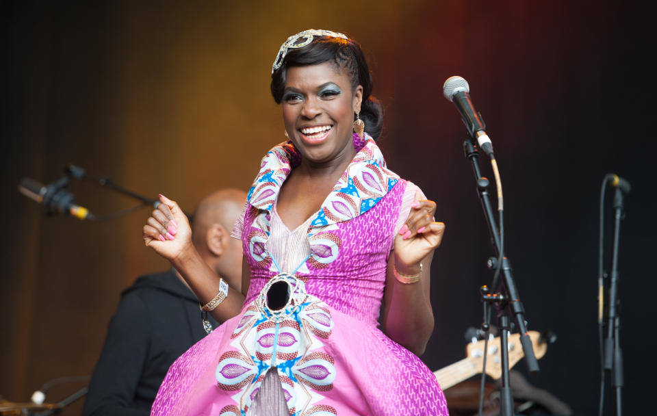 Ibibio Sound Machine performing live on stage at Boomtown Fair on August 16, 2015 at Matterley Estate, Hampshire, United Kingdom