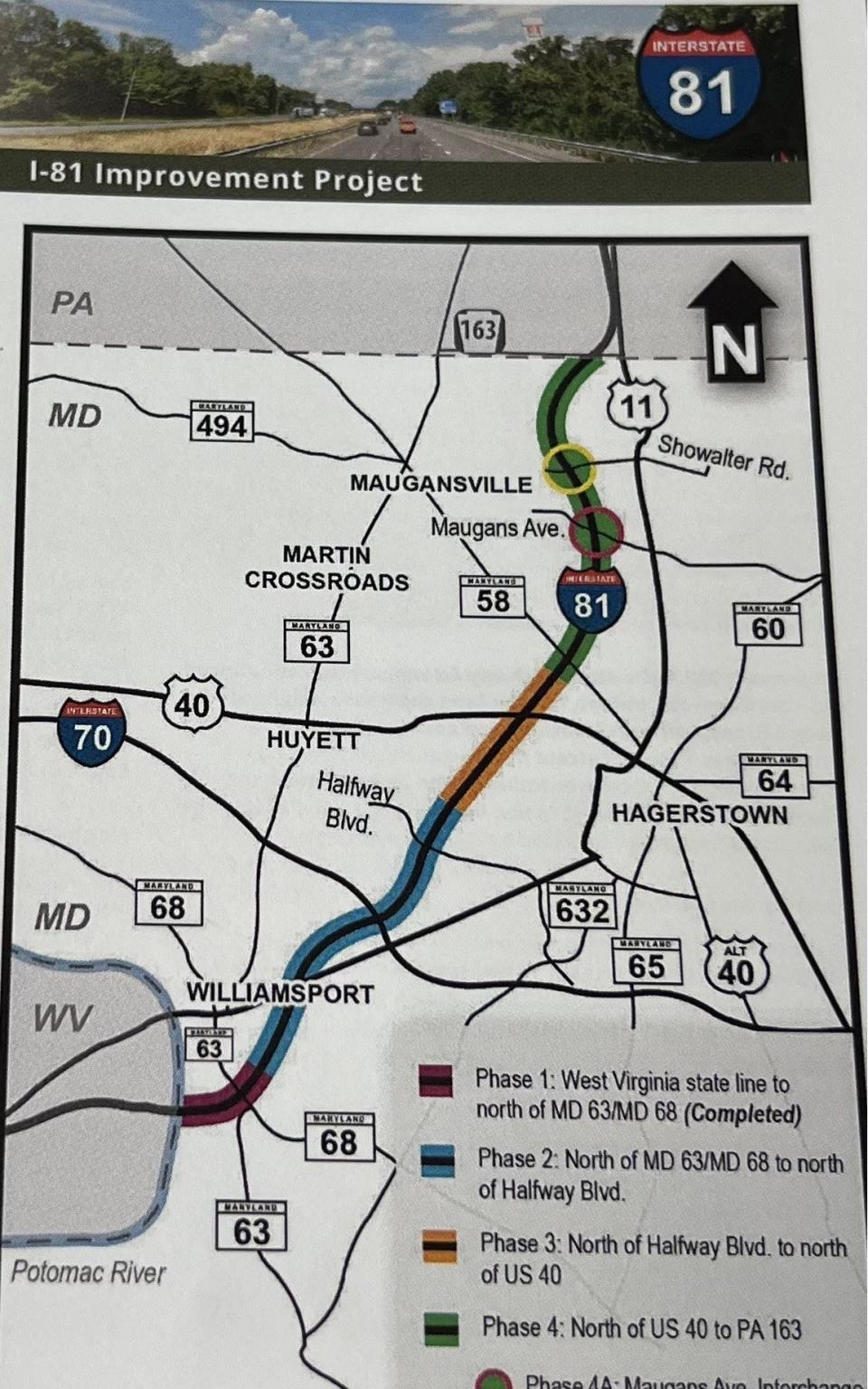 A map showing the four phases of the I-81 project are pictured in a Summer 2023 project update provided by the Maryland Department of Transportation. Phase 2, a four-mile stretch of the road, is scheduled to begin construction in fiscal year 2026.