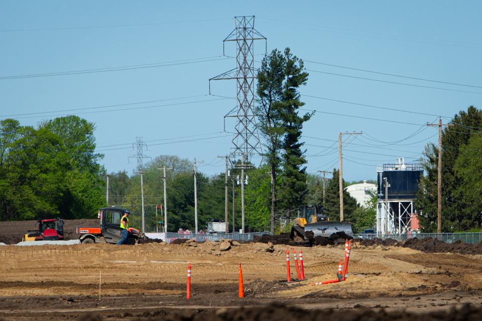 Construction work takes place on a portion of land between Walnut and Larrison Road and north of Early Road on an $11 billion Amazon Web Services data center campus on Tuesday, April 30, 2024, in New Carlisle.