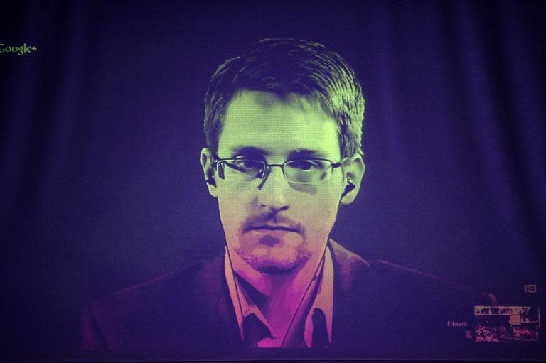 US National Security Agency (NSA) whistleblower Edward Snowden speaks to European officials via videoconference on June 24, 2014 in Strasbourg, eastern France