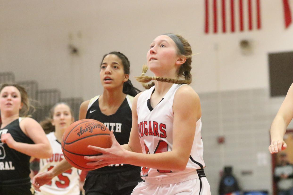 Crestview’s Emma Aumend scored a game-high 19 points in a 50-39 win over South Central which netted the Cougars their third consecutive Firelands Conference championship.