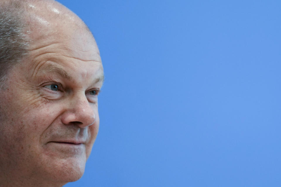 German Finance Minister Olaf Scholz briefs the media about the budget 2022 during a news conference in Berlin, Germany, Wednesday, June 23, 2021. (AP Photo/Markus Schreiber)