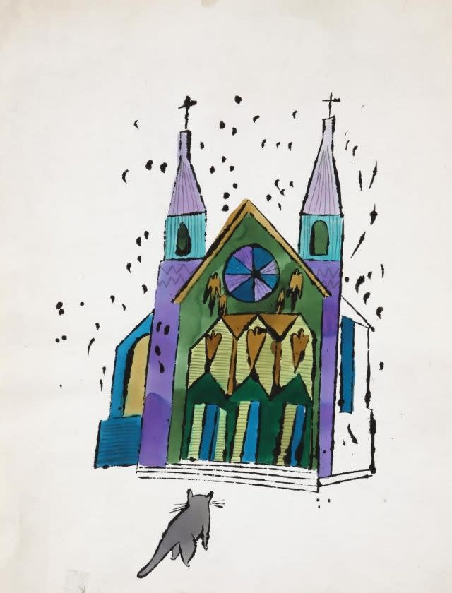 Andy Warhol (American 1928–87,) "Cat in front of church," c. 1959