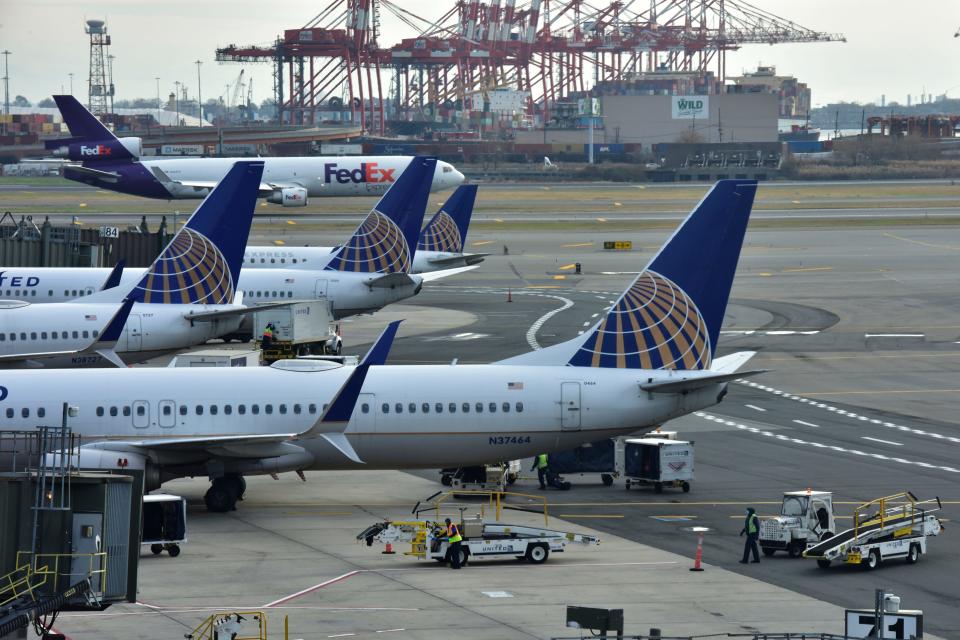 Planes lined up Terminal C at Newark Liberty Airport on the day before Thanksgiving on Wednesday Nov. 25, 2020. 