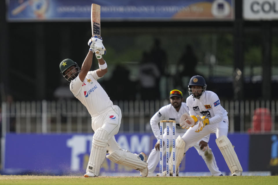 Pakistan's Abdullah Shafique plays a shot during the day one of the second cricket test match between Sri Lanka and Pakistan in Colombo, Sri Lanka on Monday, Jul. 24. (AP Photo/Eranga Jayawardena)