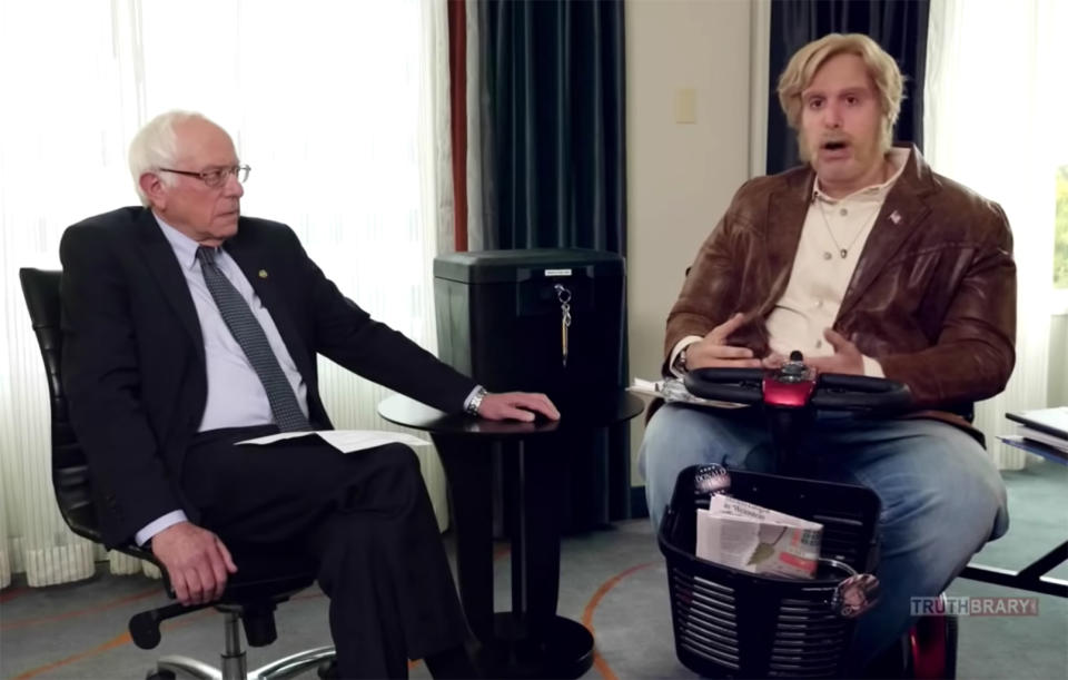 Sacha Baron Cohen interviews Bernie Sanders in character as Dr. Ruddick. (Photo: Organized Speech via YouTube)