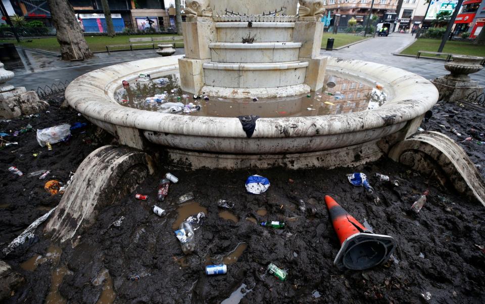 Rubbish left by football fans floating the fountain at Leicester Square on June 19, 2021 in London, England. England and Scotland drew 0-0 in the Euro 2020 match at Wembley  - GETTY IMAGES