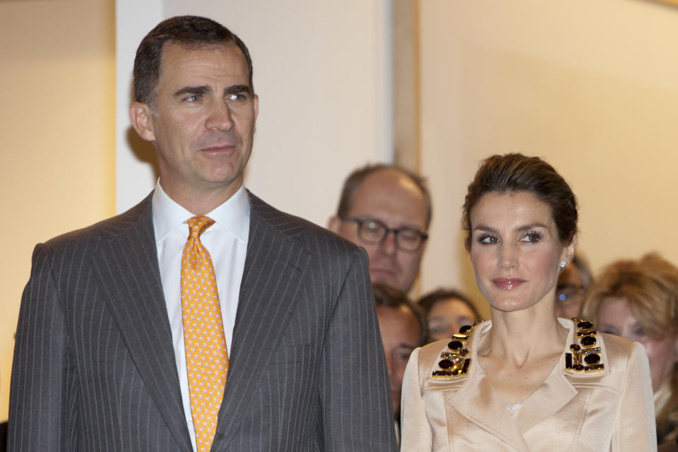 Spain's Crown Prince Felipe and Princess Letizia, during to the official opening of the ARCO International Art Fair in Madrid, Spain. Thursday Feb. 20, 2014. (AP Photo/Abraham Caro Marin)