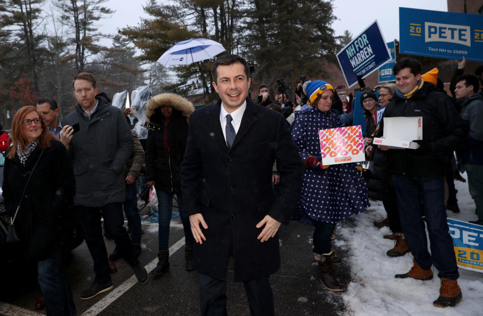 Pete Buttigieg visits a polling station outside Hopkinton High School February 11, 2020 in Hopkinton, New Hampshire.  (Win McNamee/Getty Images)