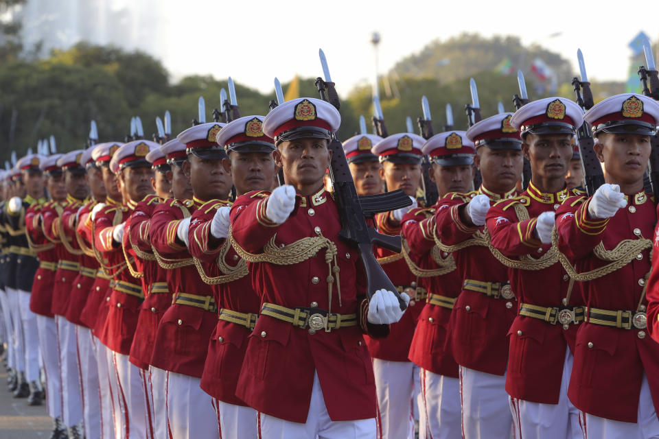 Members of an honor guard march during a ceremony marking Myanmar's 76th anniversary of Independence Day in Naypyitaw, Myanmar, Thursday, Jan. 4, 2024. (AP Photo/Aung Shine Oo)