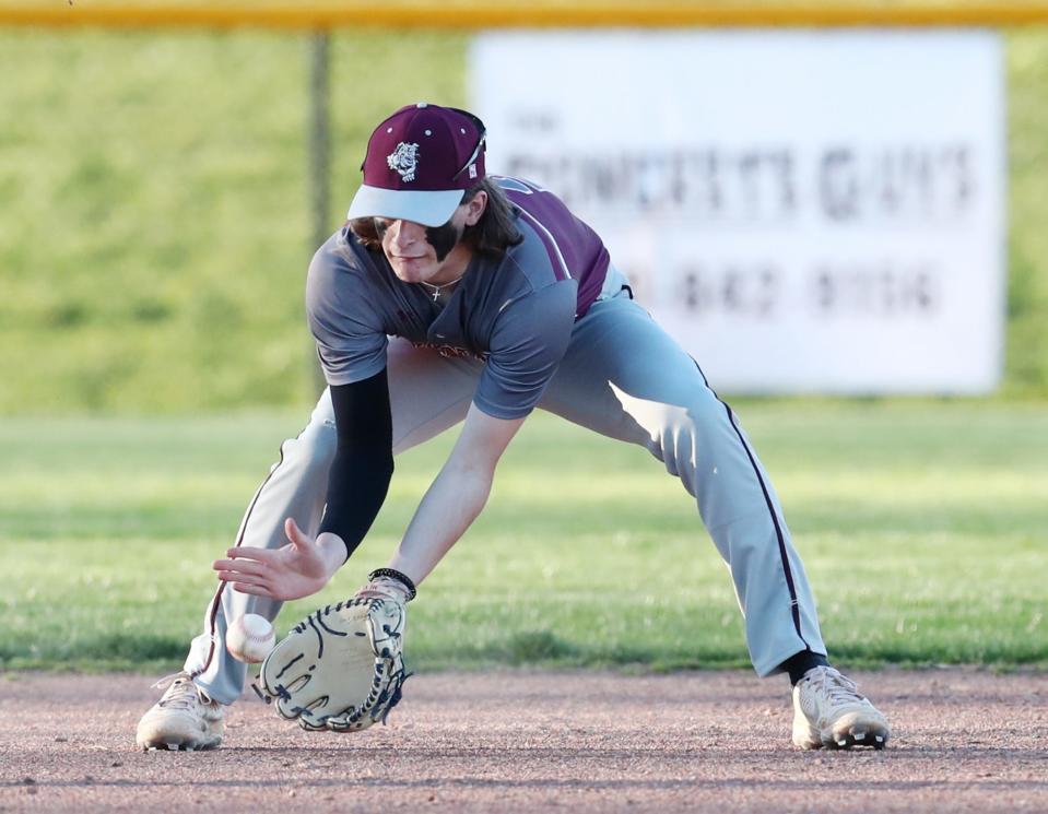 Woodridge shortstop Will Heisler fields a ground ball during their game against Streetsboro at Streetsboro High School on Monday, April 15, 2024 in Streetsboro.