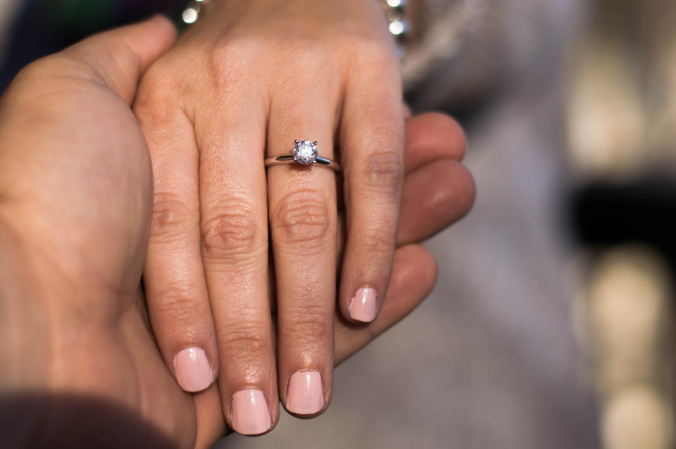 Close-Up Of Cropped Hands With Wedding Ring