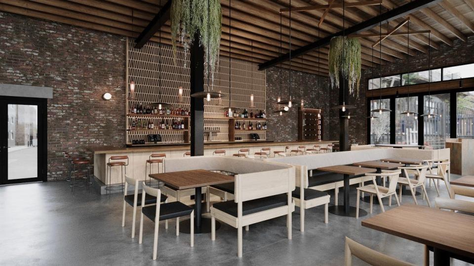 Renderings by Midwest Common interior design studio depict a sleek, modern dining room for Vecino, a new Mexican restaurant opening in Midtown Detroit.