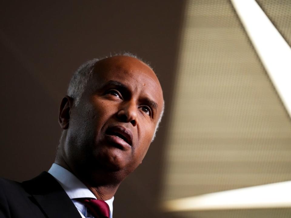 Ahmed Hussen, minister of Housing and Diversity and Inclusion, holds a press conference on Parliament Hill on Monday to talk about support for Black community initiatives. (Sean Kilpatrick/The Canadian Press - image credit)