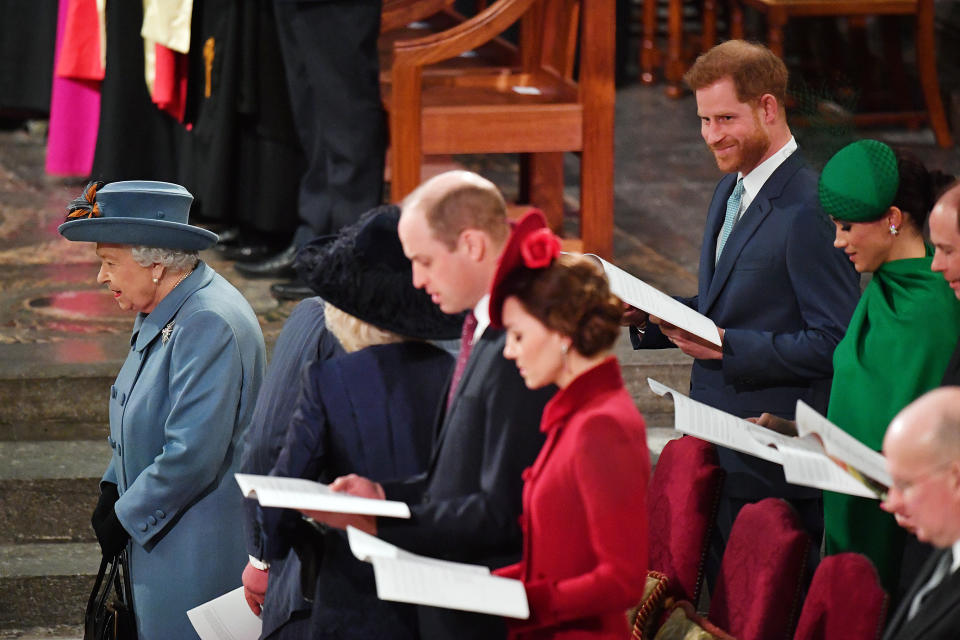 LONDON, ENGLAND - MARCH 09: Queen Elizabeth II, Prince William, Duke of Cambridge, Catherine, Duchess of Cambridge, Prince Harry, Duke of Sussex, Meghan, Duchess of Sussex, Prince Edward, Earl of Wessex and Sophie, Countess of Wessex attend the Commonwealth Day Service 2020 on March 9, 2020 in London, England. (Photo by Phil Harris - WPA Pool/Getty Images)