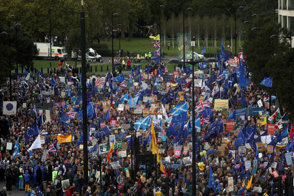 EU supporters march as parliament sits on a Saturday for the first time since the 1982 Falklands War, to discuss Brexit in London, Britain, October 19, 2019. REUTERS/Simon Dawson