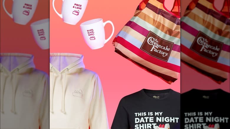 collection of Cheesecake Factory merch
