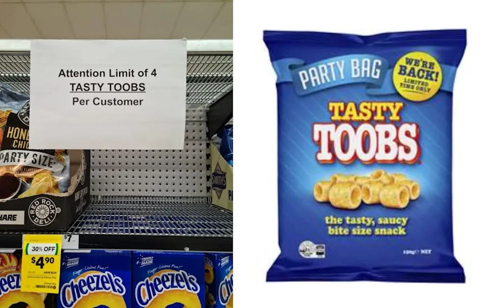 A photo of a sign in Woolworths that says 4 Toobs per customer next to a closeup of a Tasty Toobs pack.