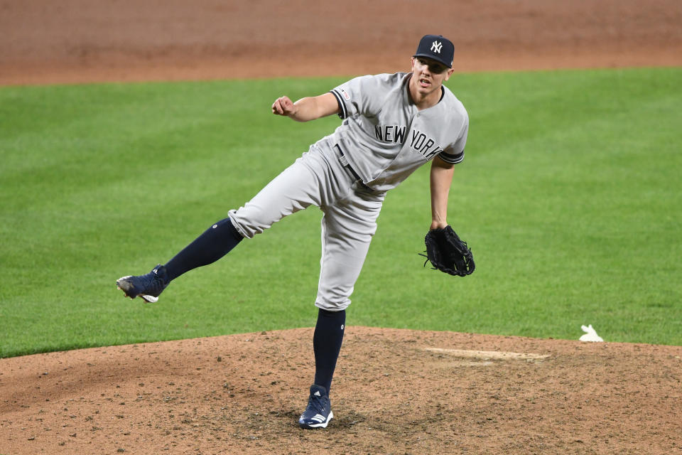 BALTIMORE, MD - MAY 22:  Chad Green #57 of the New York Yankees pitches during a baseball game against the Baltimore Orioles at Oriole Park at Camden Yards May 22, 2019 in Baltimore, Maryland.  (Photo by Mitchell Layton/Getty Images)