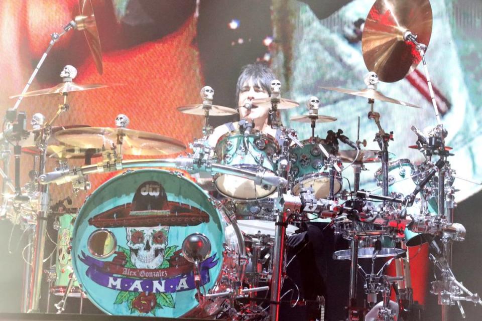 Maná's drummer, Alex González, performs during their México Lindo y Querido tour at the Save Mart Center, on Friday, December 1, 2023, in Fresno.