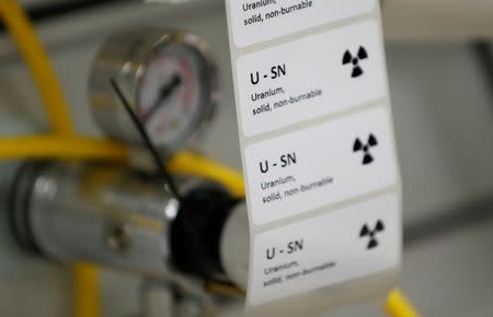 Warning stickers are seen in the International Atomic Energy Agency (IAEA) nuclear material laboratory in Seibersdorf, Austria June 13, 2018. Picture taken June 13, 2018. REUTERS/Leonhard Foeger