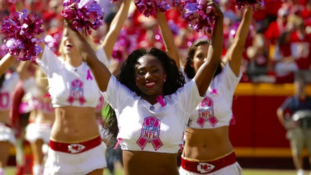 Krystal Anderson with the Kansas City Chiefs cheerleaders during a game in Kansas City, Mo., Sunday, Oct. 11, 2015.