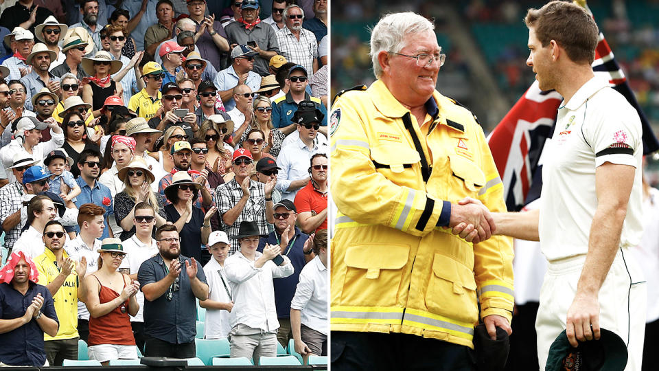 Players and fans, pictured here paying tribute to the firefighters at the SCG.