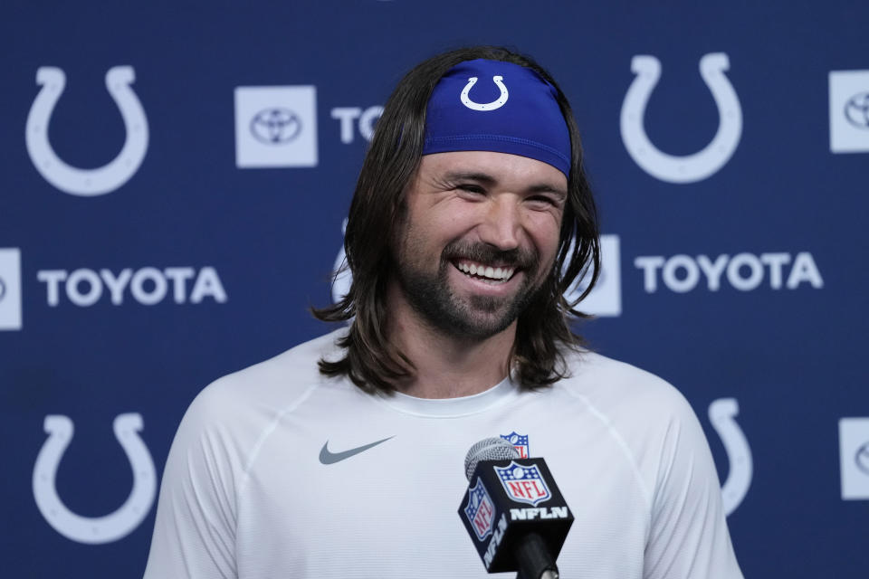 Indianapolis Colts quarterback Gardner Minshew II laughs during a news conference after an NFL football game against the Houston Texans Sunday, Sept. 17, 2023, in Houston. The Colts won 31-20. (AP Photo/David J. Phillip)