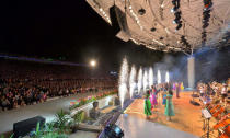 Artists of the Moranbong Band, the State Merited Chorus and the Wangjaesan Art Troupe, perform in Wonsan City of Kangwon Province, North Korea in this undated photo released by North Korea's Korean Central News Agency (KCNA) on September 14, 2017. KCNA/via REUTERS