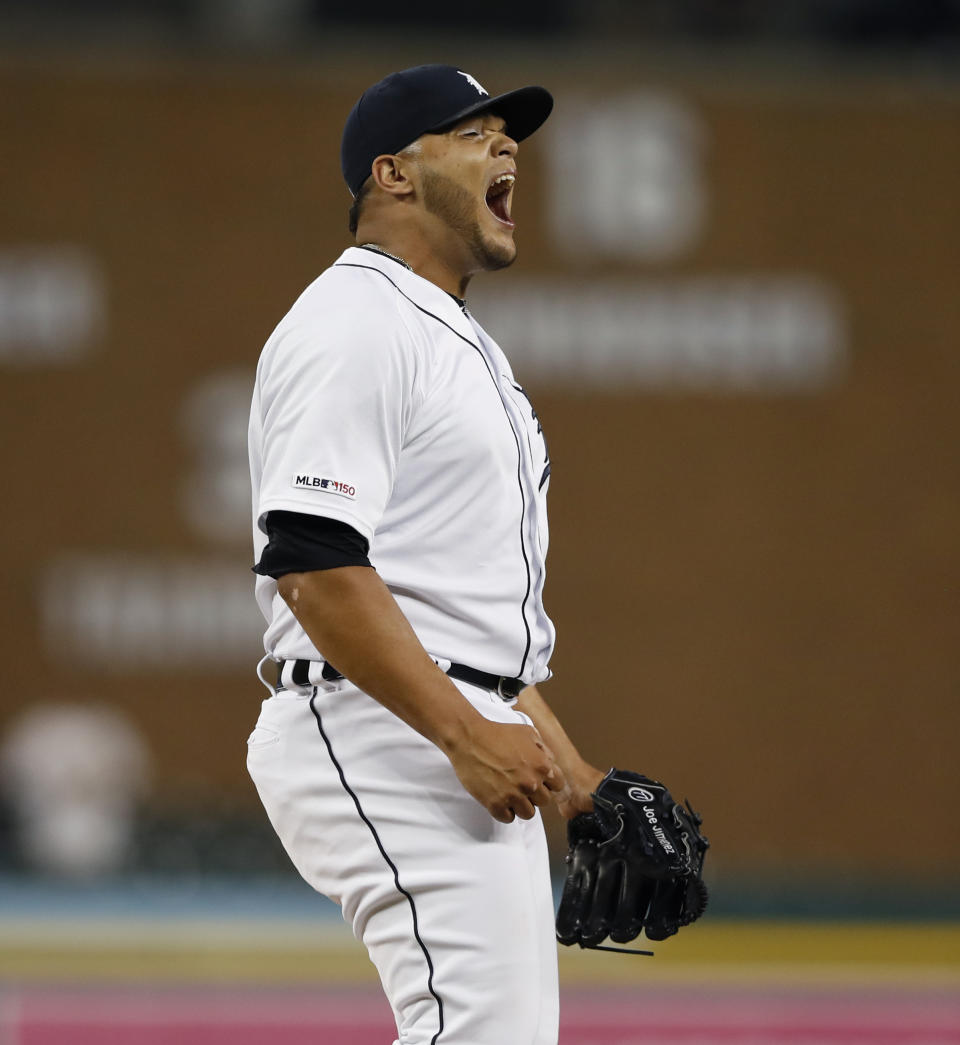 Detroit Tigers relief pitcher Joe Jimenez reacts after the last out of the team's baseball game against the Minnesota Twins, Saturday, Aug. 31, 2019, in Detroit. The Tigers won 10-7. (AP Photo/Carlos Osorio)