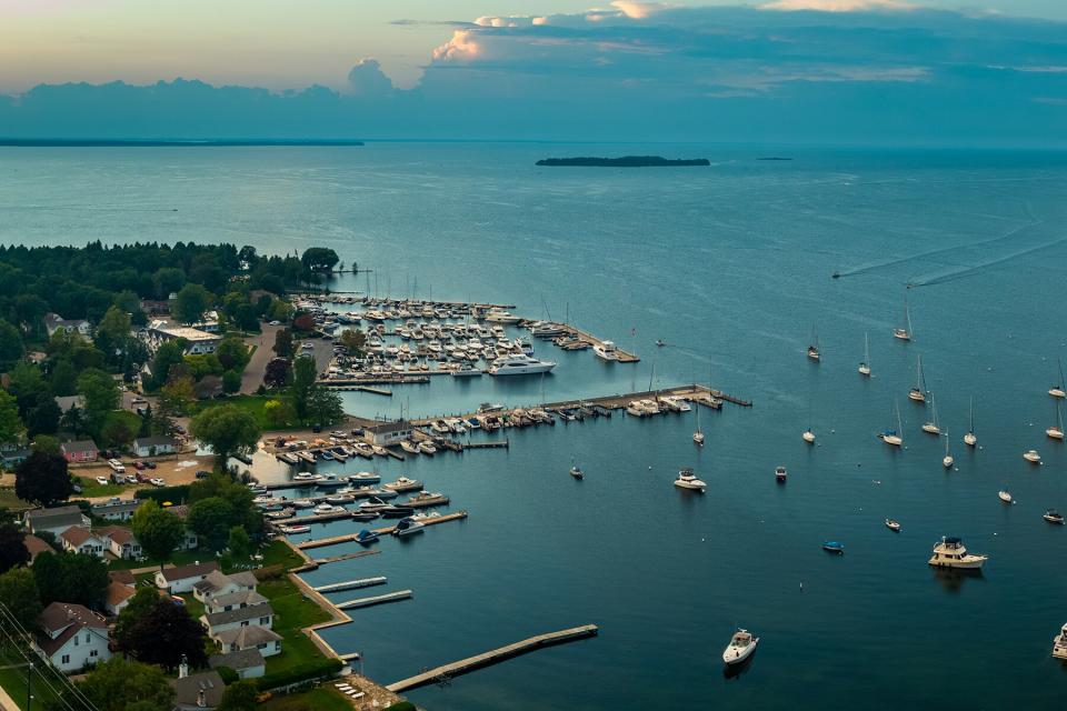 Aerial of Fish Creek, Wisconsin, a small town on the Door Peninsula overlooking Green Bay, Lake Michigan.