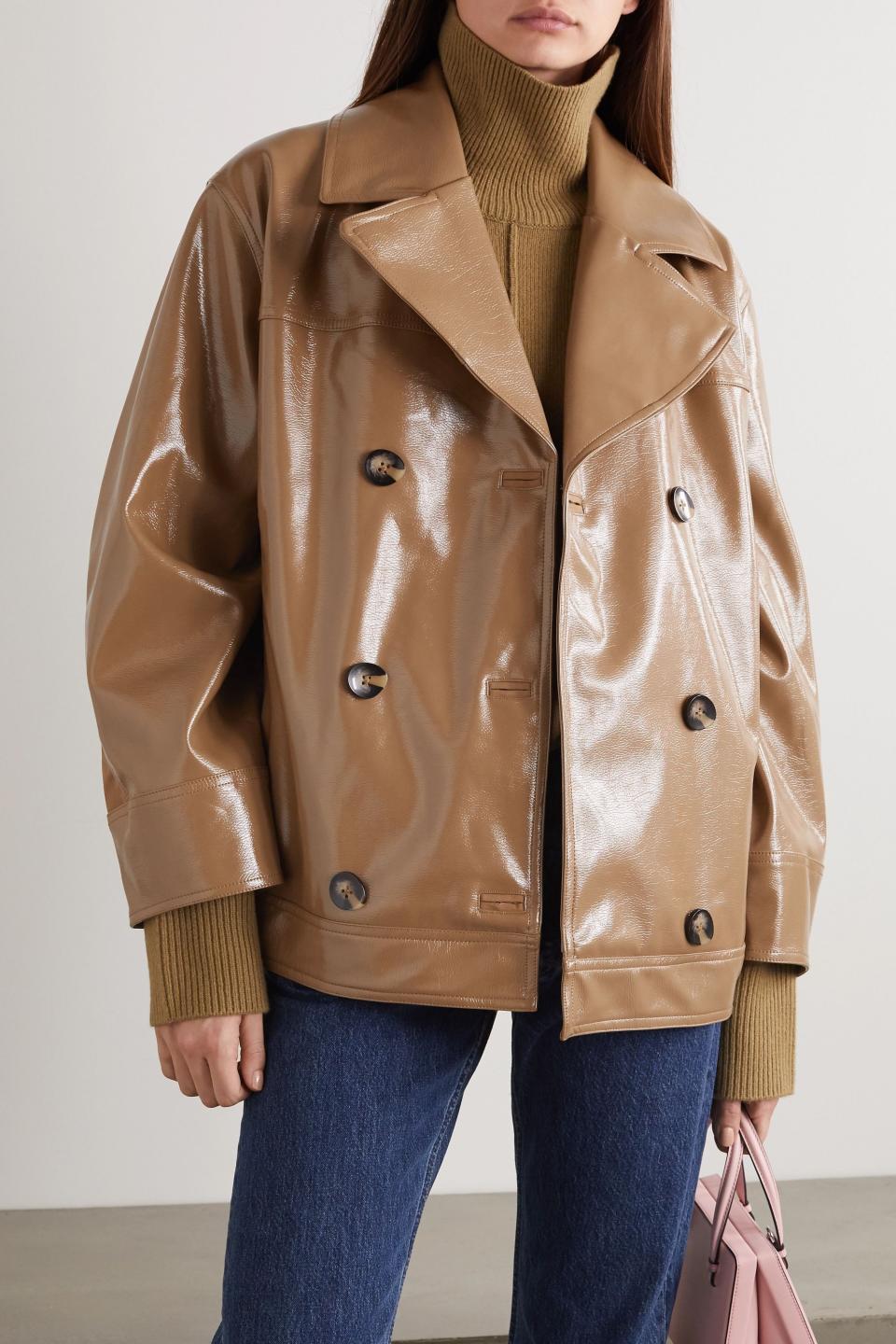 7) Double-breasted faux patent-leather jacket