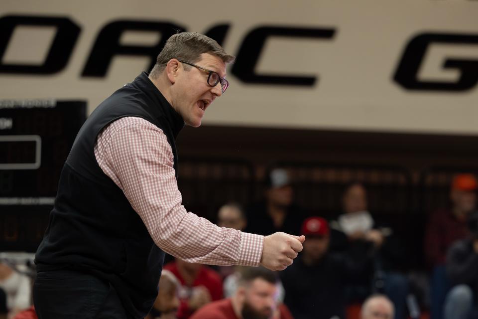 Feb 18, 2024; Stillwater, Okla, USA; OklahomaÕs head coach, Roger Kish reacts on the sides of the mat during a wrestling match at Gallagher-Iba Arena against Oklahoma State in Stillwater, Okla. Mandatory Credit: Mitch Alcala-The Oklahoman