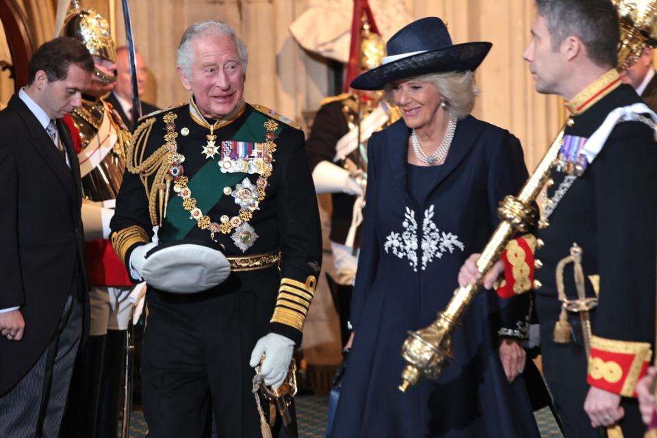 Prince Charles, Prince of Wales and Camilla, Duchess of Cornwall depart from the Sovereign's Entrance after attending the State Opening of Parliament