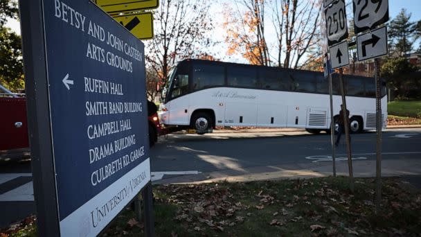 PHOTO: A tour bus where three University of Virginia football players were killed in an overnight shooting is towed away from the crime scene, Nov. 14, 2022, in Charlottesville, Va. (Win Mcnamee/Getty Images)