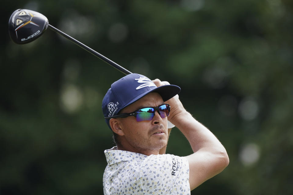 Rickie Fowler of the United States hits his tee shot on the fourth hole during the third round of the Zozo Championship golf tournament at Accordia Golf Narashino Country Club on Saturday, Oct. 15, 2022, in Inzai, Chiba Prefecture, east of Tokyo, Japan. (AP Photo/Tomohiro Ohsumi)