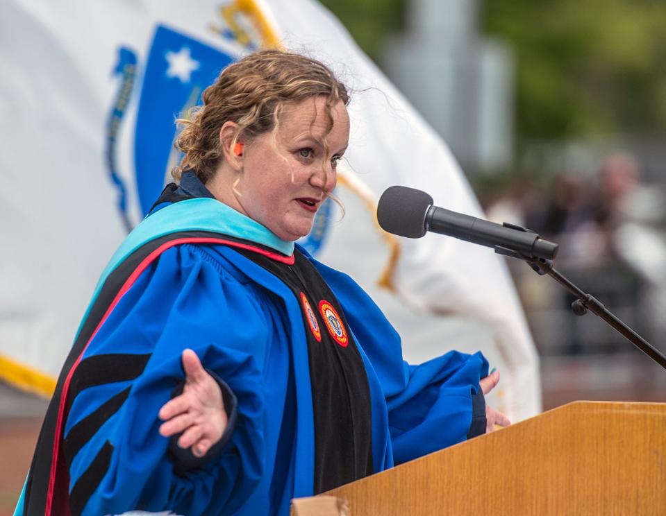 Framingham High School Principal Amy Gerade, shown speaking during last year's graduation ceremony at Bowditch Field, has announced she will resign effective June 30.