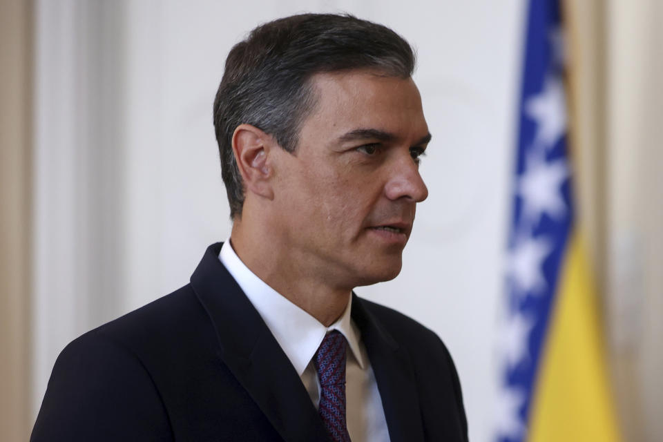 Spanish Prime Minister Pedro Sanchez before official talks with the members of the presidency of Bosnia and Herzegovina in Sarajevo, Bosnia, Saturday, July 30, 2022. (AP Photo/Armin Durgut)